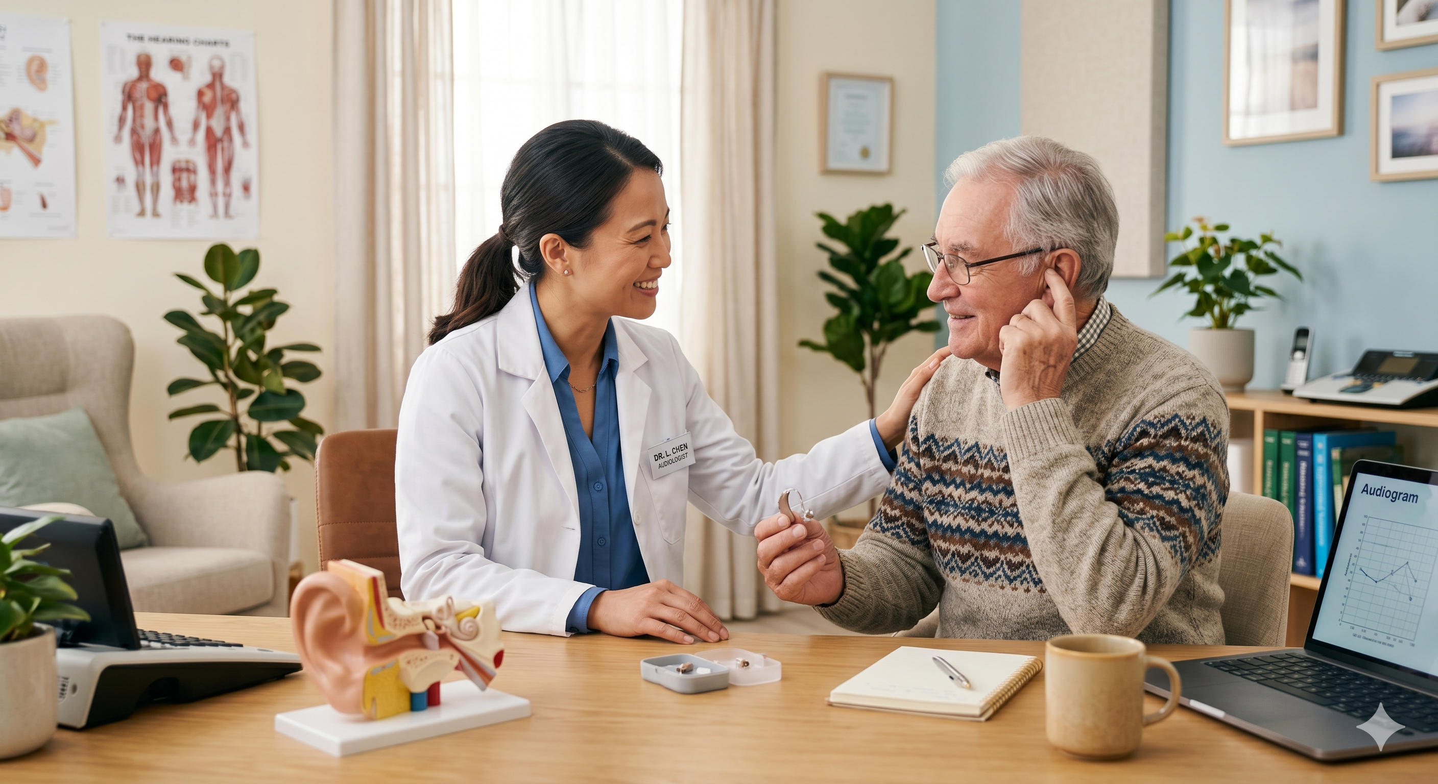 Audiologist in one-on-one consultation with elderly patient