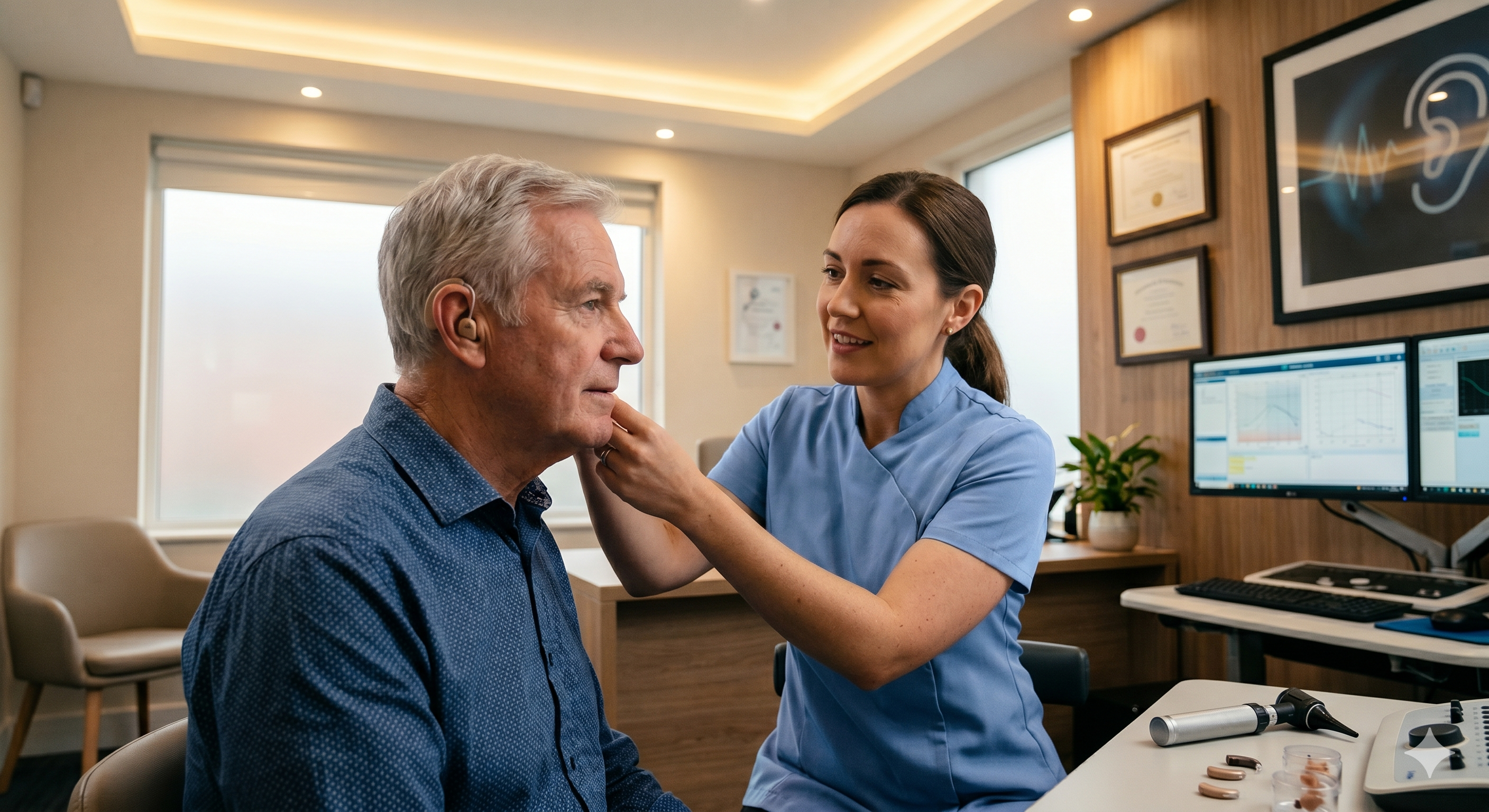 Audiologist fitting a hearing aid on a patient