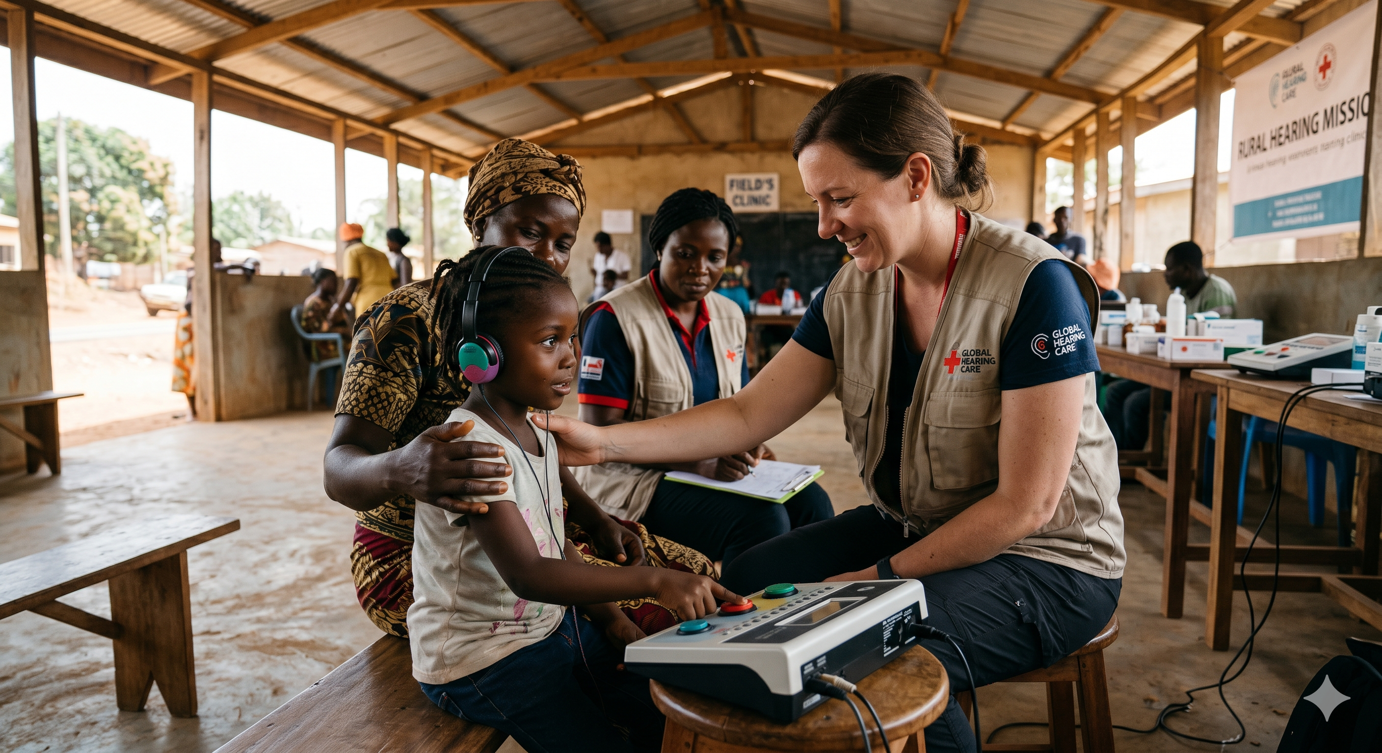 Audiologist testing a child's hearing in a rural community